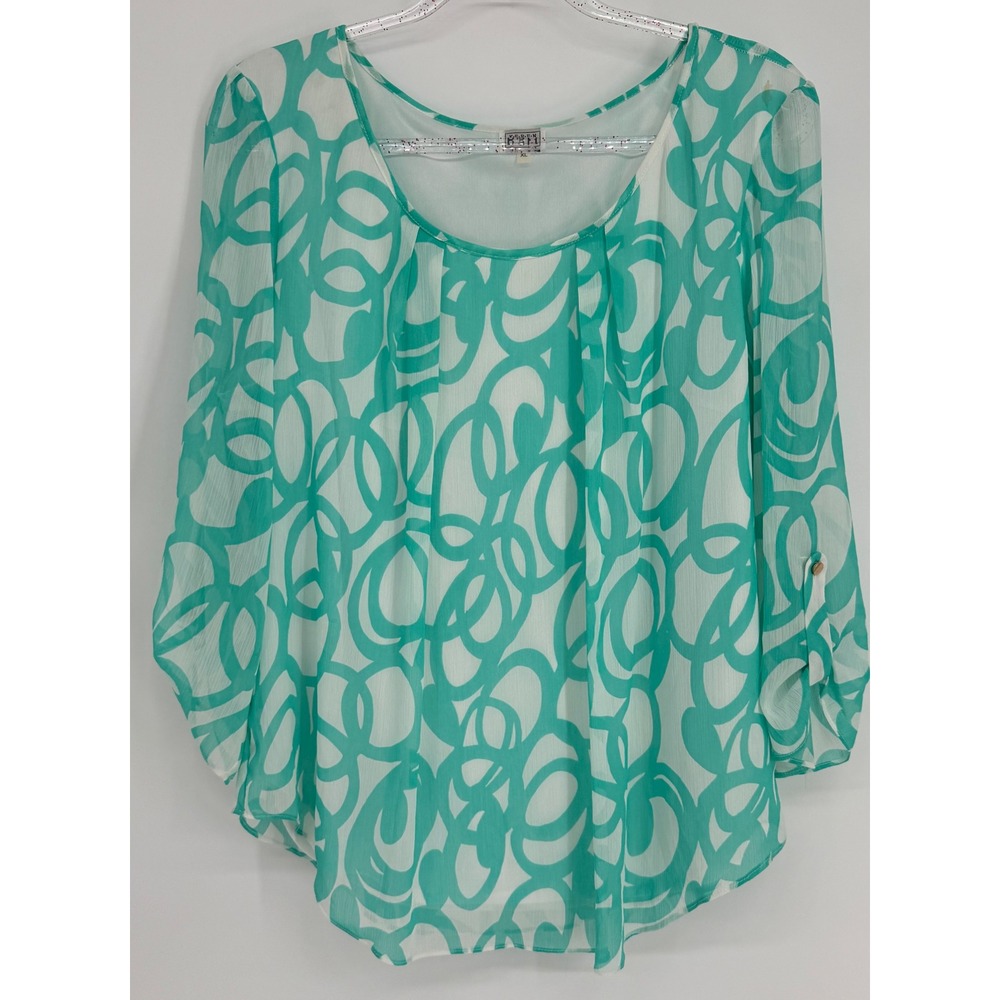 Keren Hart Women Teal White Geometric Circle Print 3/4 Tab Sleeve Blouse Sz XL